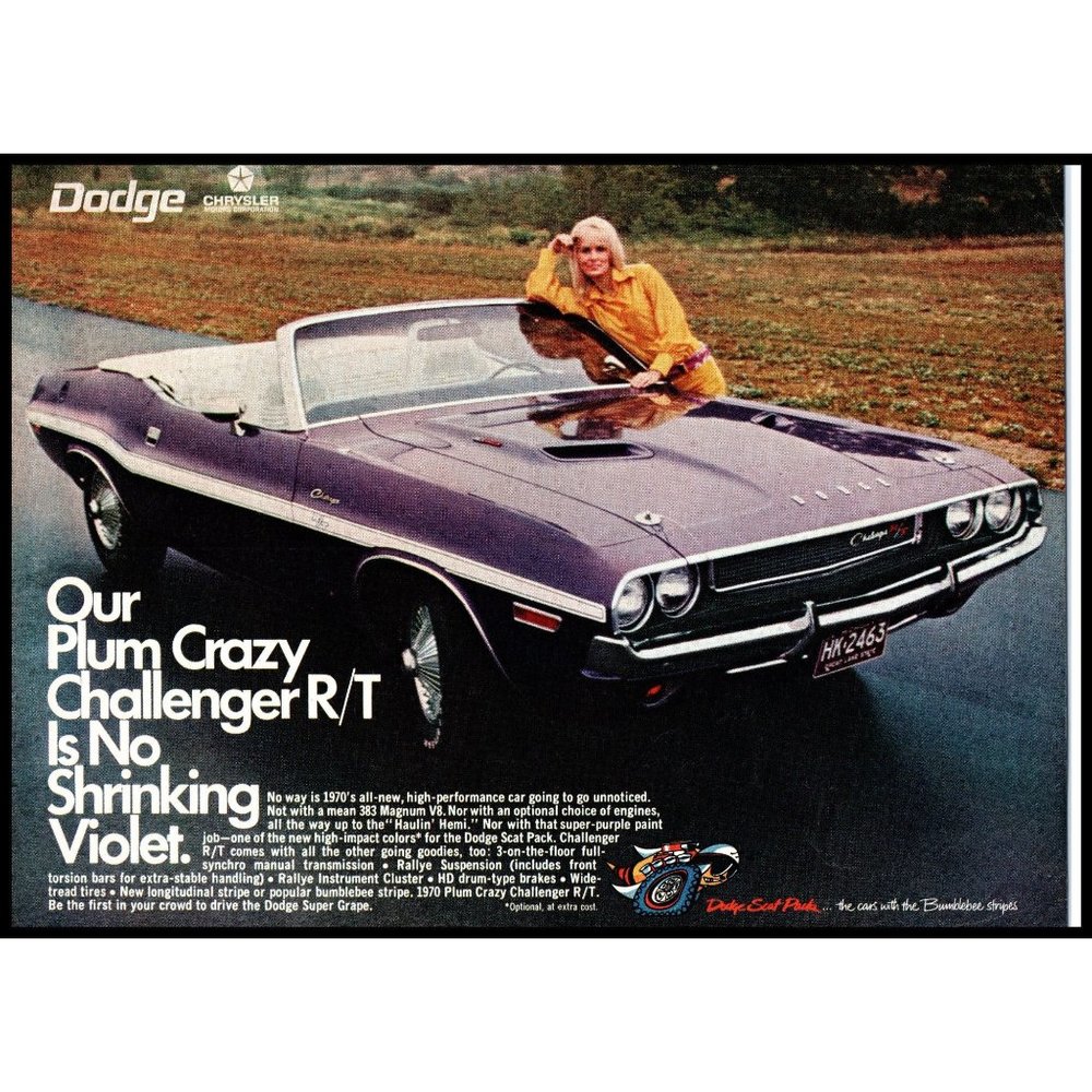 1970 Dodge Challenger R/T Convertible Super Grape Vintage Print Ad Super Grape